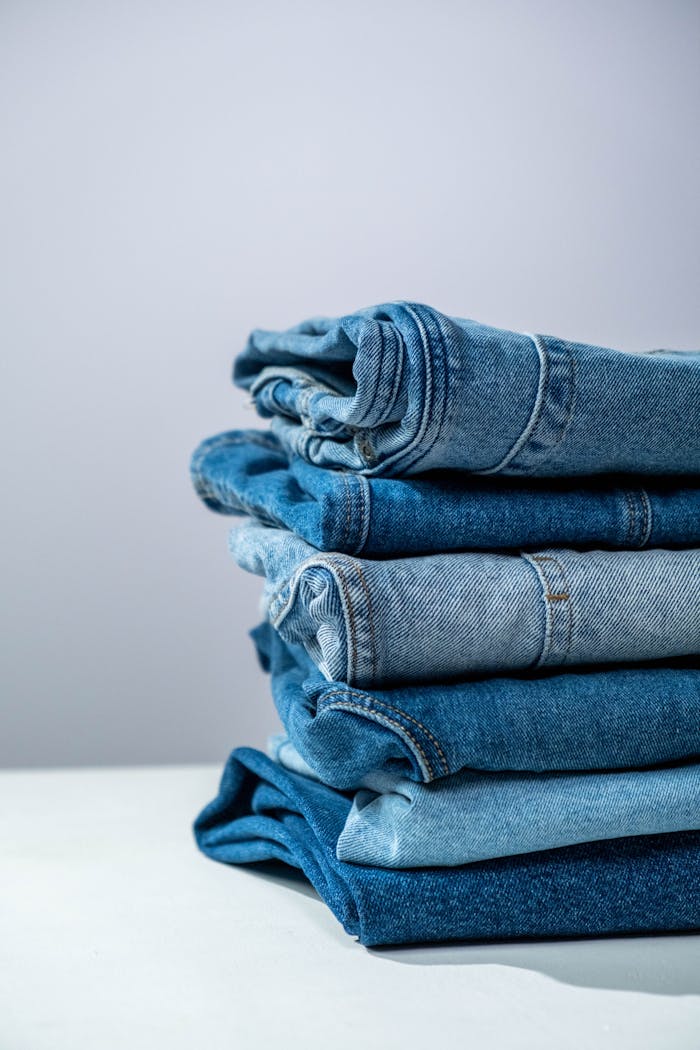 Neatly folded blue denim jeans stacked on a white surface, perfect for fashion or retail themes.